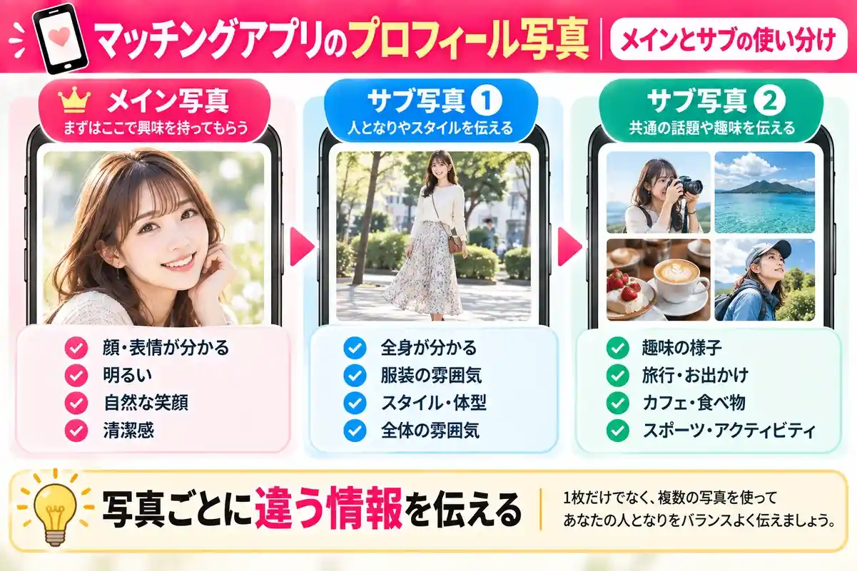 マッチングアプリの写真は何枚必要？メインとサブの使い分け