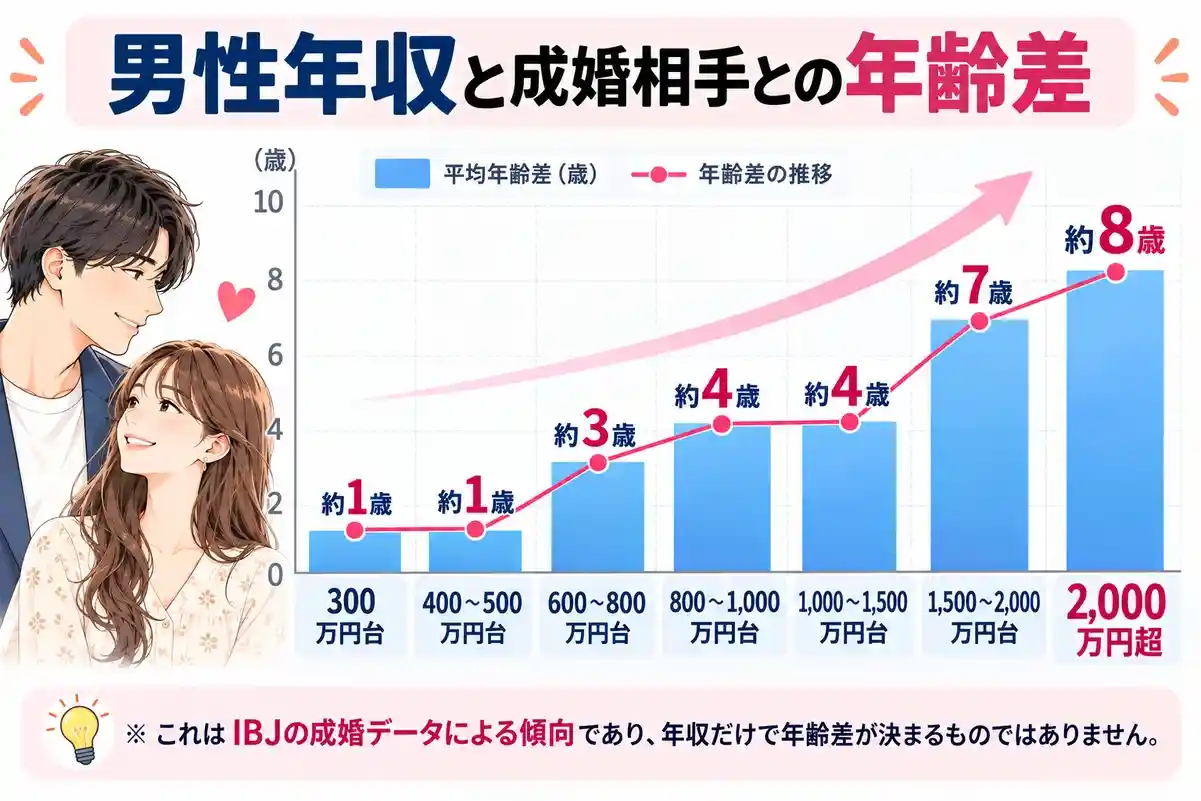 男性の年収が高いほど成婚相手との年齢差は開く傾向